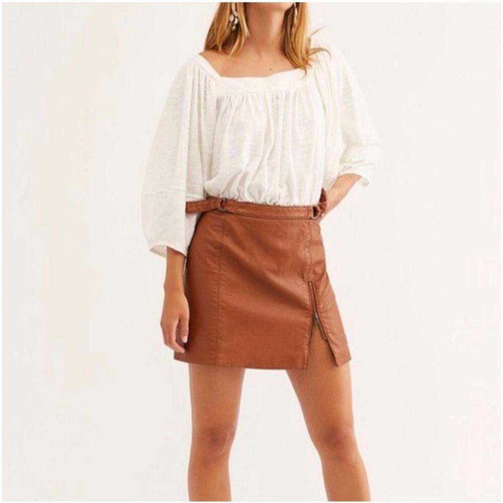 Free People Midnight Magic Vegan Leather Mini Skirt in Brown Cognac Size 10